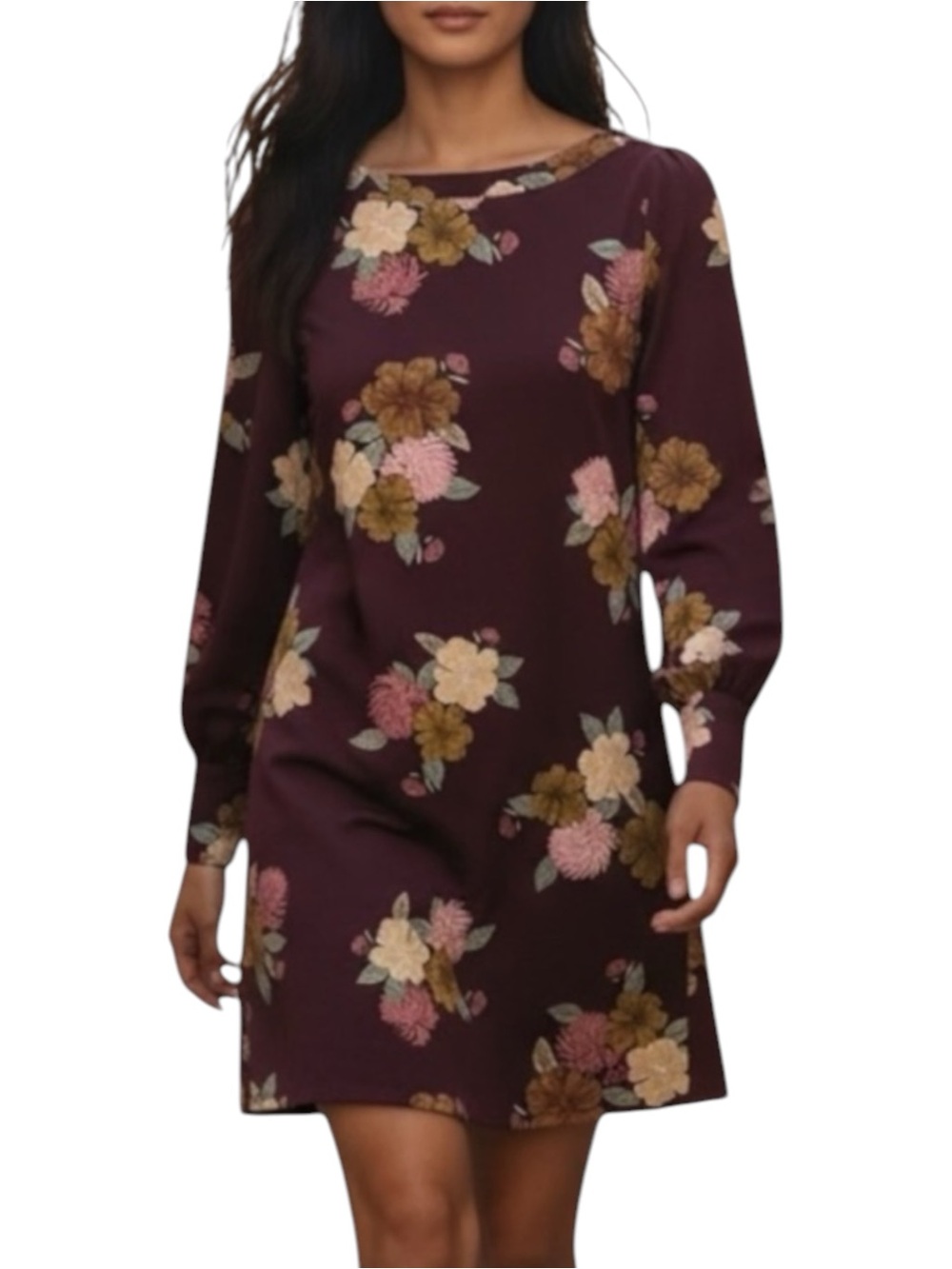 LOFT Burgundy Bold Floral Long Sleeve Dress NWOT Size 00P Feminine Cottage